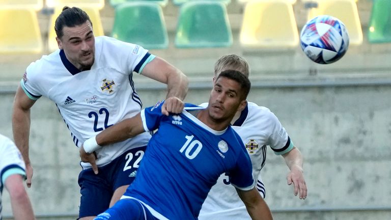 Cyprus&#39; Pieros Sotiriou, right, and Northern Ireland&#39;s Ciaron Brown