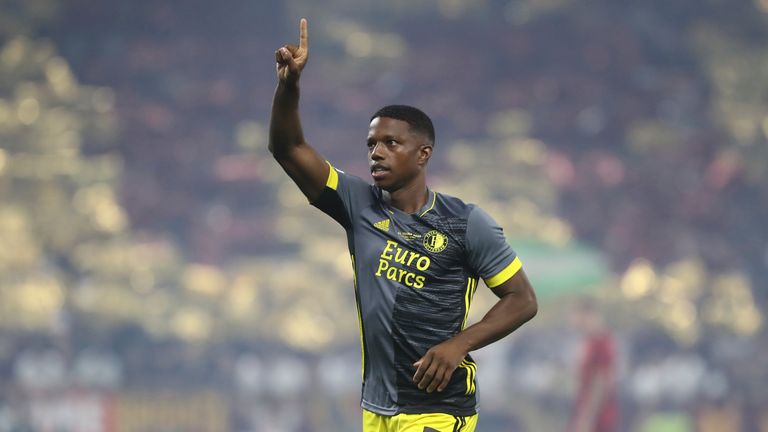 Feyenoord&#39;s Tyrell Malacia gestures during the Europa Conference League final soccer match between AS Roma and Feyenoord at National Arena in Tirana, Albania, Wednesday, May 25, 2022.