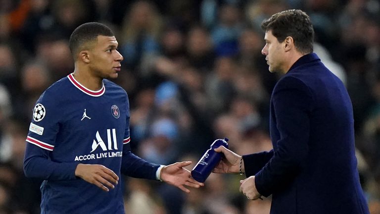 Kylian Mbappe (left) with Mauricio Pochettino