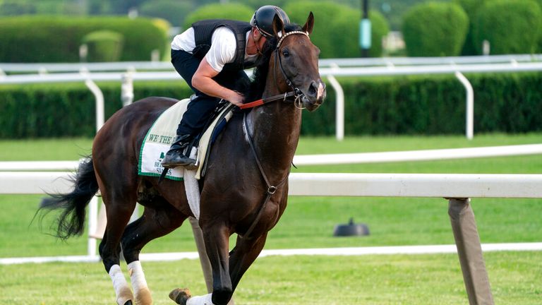 We the People, ridden by trainer Rodolphe Brisset, prepares for the Belmont Stakes 