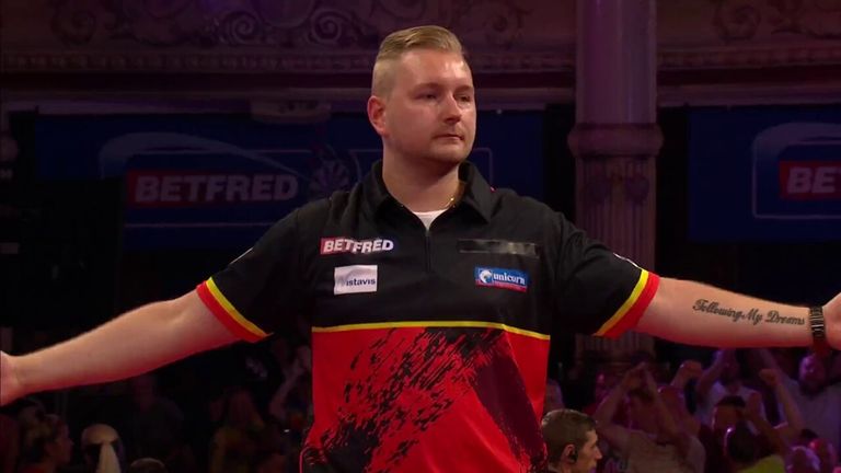 The Belgian completed victory with this eye-catching 146 checkout to reach the quarter-finals