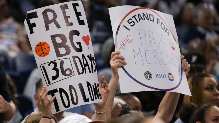 CHICAGO, IL - JULY 02: Fans hold a sign for Phoenix Mercury center Brittney Griner during a WNBA game between the Phoenix Mercury and the Chicago Sky on July 2, 2022, at Wintrust Arena in Chicago, IL. (Photo by Melissa Tamez/Icon Sportswire) (Icon Sportswire via AP Images)