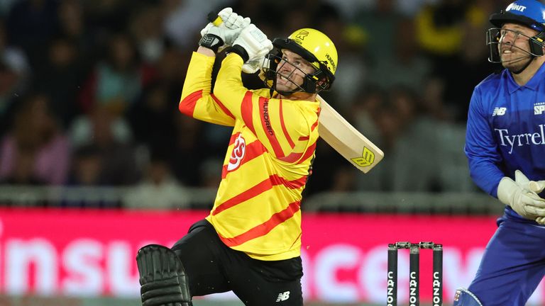 Colin Munro strikes the ball for the Trent Rockets against the London Spirit at Trent Bridge 