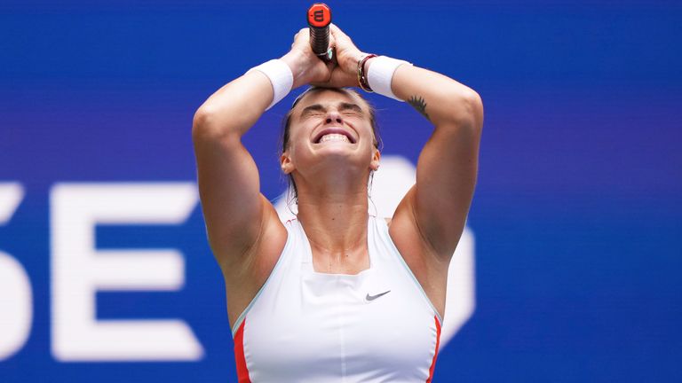 Aryna Sabalenka reacts during a women&#39;s singles quarterfinal match at the 2022 US Open, Wednesday, Sep. 7, 2022 in Flushing, NY. (Darren Carroll/USTA via AP)