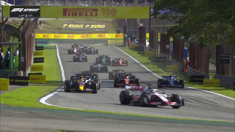 A dramatic first lap sees Kevin Magnussen hold onto the lead of the Sprint race at the Sao Paulo Grand Prix.