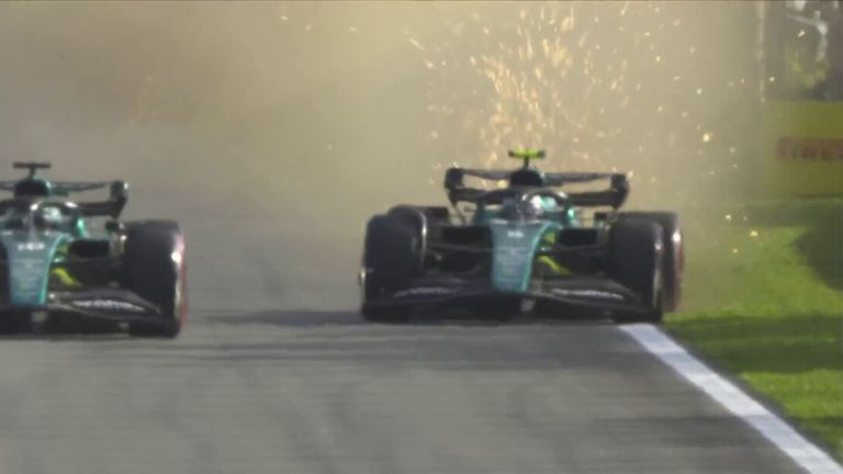 Lance Stroll forces his Aston Martin teammate Sebastian Vettel onto the grass at the Sao Paulo Grand Prix Sprint race.