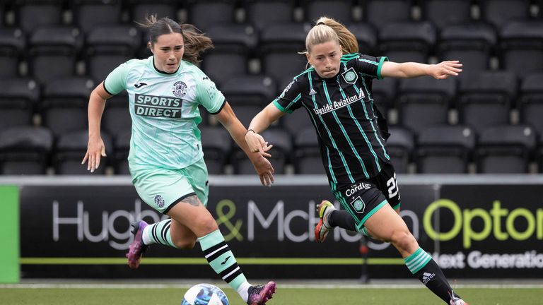 AIRDRIE, SCOTLAND - AUGUST 07: Celtic&#39;s Lucy Ashworth-Clifford and Hibs&#39; Poppy Lawson during a Scottish Women&#39;s Premier League match between Celtic Women and Hibernian Women at Penny Cars Stadium, on August 07, 2022, in Airdrie, Scotland.  (Photo by Craig Williamson / SNS Group)