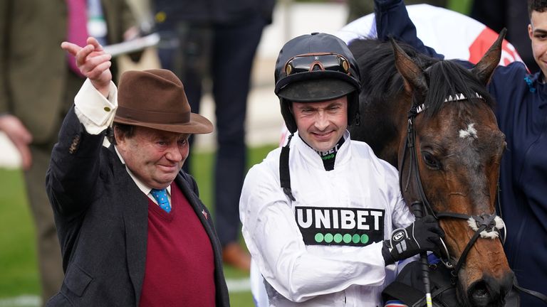 Nicky Henderson celebrates Constitution Hill&#39;s victory in the Supreme Novices&#39; Hurdle