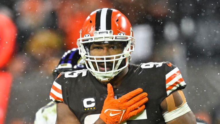 Cleveland Browns defensive end Myles Garrett celebrates after sacking Baltimore Ravens quarterback Tyler Huntley during the second half of an NFL football game, Saturday, Dec. 17, 2022, in Cleveland. (AP Photo/David Richard)