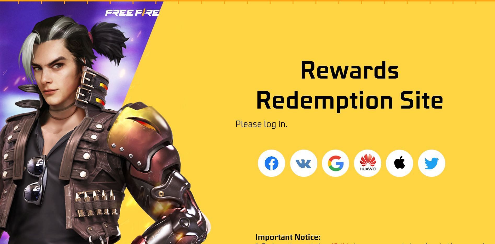 Navigate to the Rewards Redemption Site and use the required login option (Image via Garena)