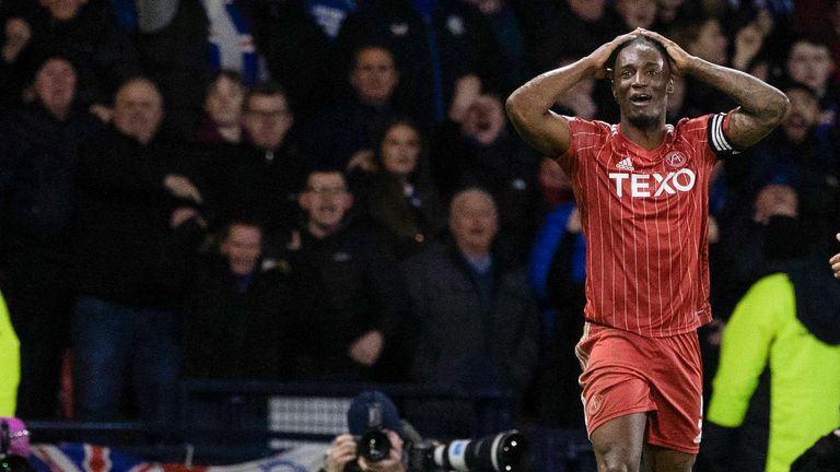 GLASGOW, SCOTLAND - JANUARY 15: Aberdeen&#39;s Anthony Stewart is shown straight red card for a foul on Rangers&#39; Fashion Sakala during a Viaplay Cup Semi Final match between Rangers and Aberdeen at Hampden Park, on January 15, 2023, in Glasgow, Scotland. (Photo by Craig Williamson / SNS Group)