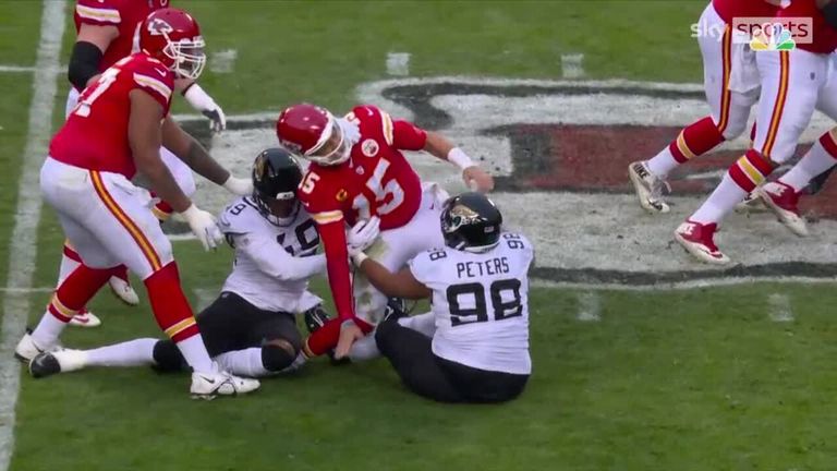 Kansas City Chiefs quarterback Patrick Mahomes picks up an ankle injury in the first quarter against the Jacksonville Jaguars.