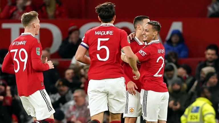 Antony celebrates with Man Utd team-mates after scoring the opener against Charlton