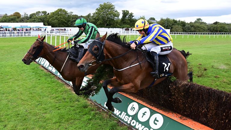 Busselton and J.J.Slevin (stripes) jump the last to win the Guinness Kerry National as Hewick and Jordan Gainford part company