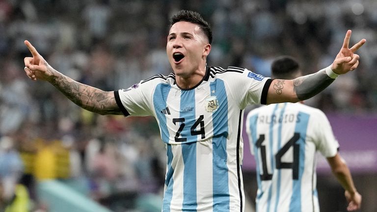 Argentina&#39;s Enzo Fernandez celebrates after scoring his side&#39;s second goal