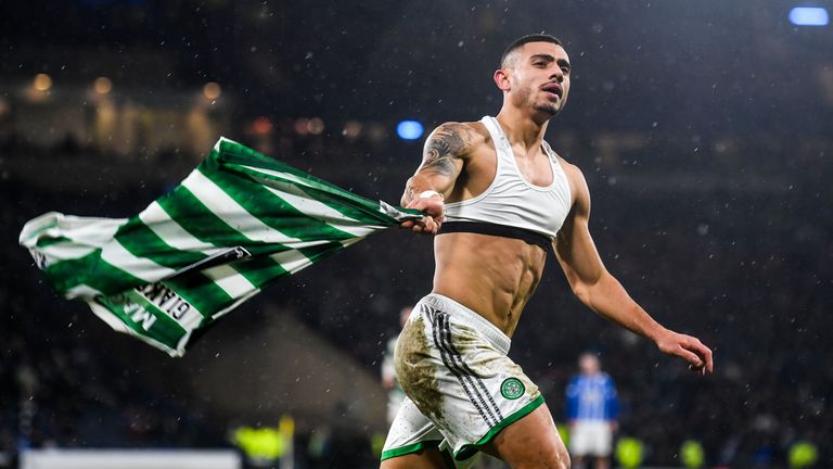 GLASGOW, SCOTLAND - JANUARY 14: Celtic&#39;s Giorgos Giakoumakis celebrates his goal to make it 2-0 during a Viaplay Cup Semi Final match between Celtic and Kilmarnock at Hampden Park, on January 14, 2023, in Glasgow, Scotland. (Photo by Craig Foy / SNS Group)