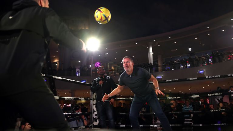 Liam Smith can box, and play a bit of football as he demonstrates with Jamie Carragher at the public workout