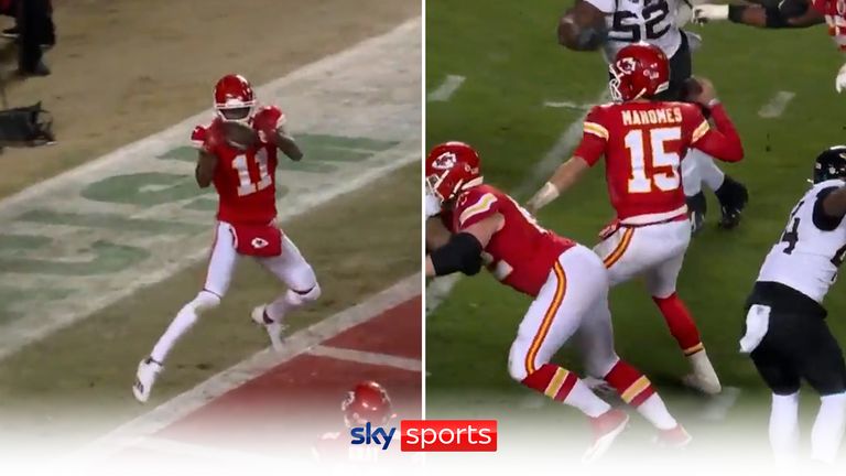 Despite suffering an ankle injury in the first half, Kansas City quarterback Patrick Mahomes was able to deliver this touchdown pass for Marquez Valdes-Scantling.