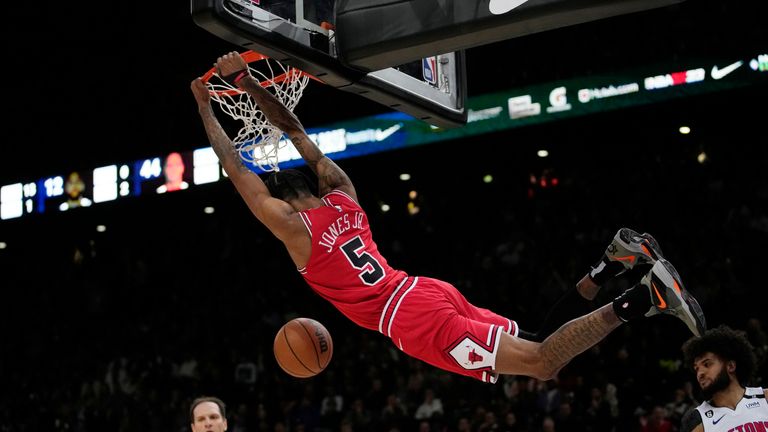 Chicago Bulls Derrick Jones Jr dunks during the NBA basketball game between Chicago Bulls and Detroit Pistons at the Accor Arena in Paris, Thursday, Jan. 19, 2023.