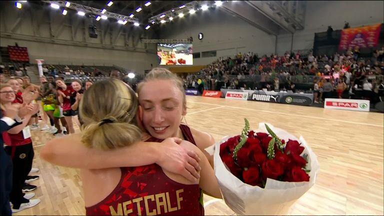 Jade Clarke celebrates her 200th cap as England win semi final at the quad series; the second player ever to reach this number. 