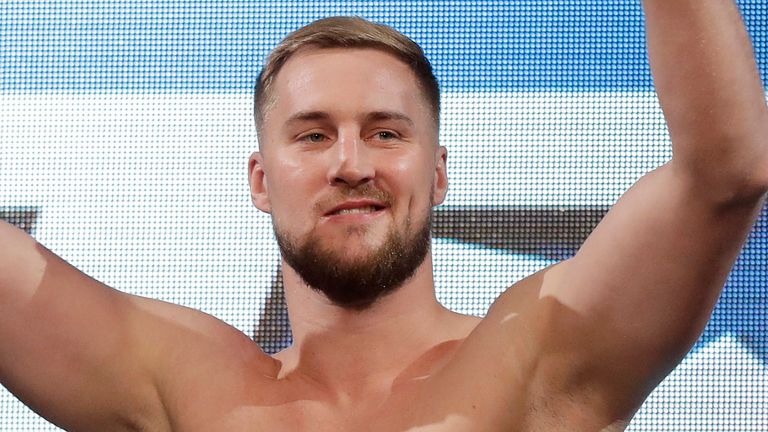 Otto Wallin, of Sweden, poses during a ceremonial weigh-in for an upcoming fight, Friday, Sept. 13, 2019, in Las Vegas. Wallin will face Tyson Fury, of England, in a heavyweight boxing match Saturday. (AP Photo/Isaac Brekken)                                