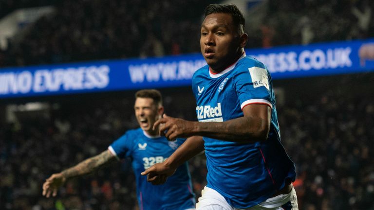 Rangers&#39; Alfredo Morelos celebrates after making it 3-2  during a cinch Premiership match between Rangers and Hibernian at Ibrox Stadium