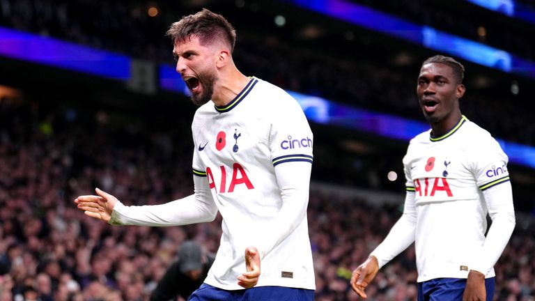 Tottenham Hotspur&#39;s Rodrigo Bentancur (left) celebrates scoring their side&#39;s fourth goal of the game