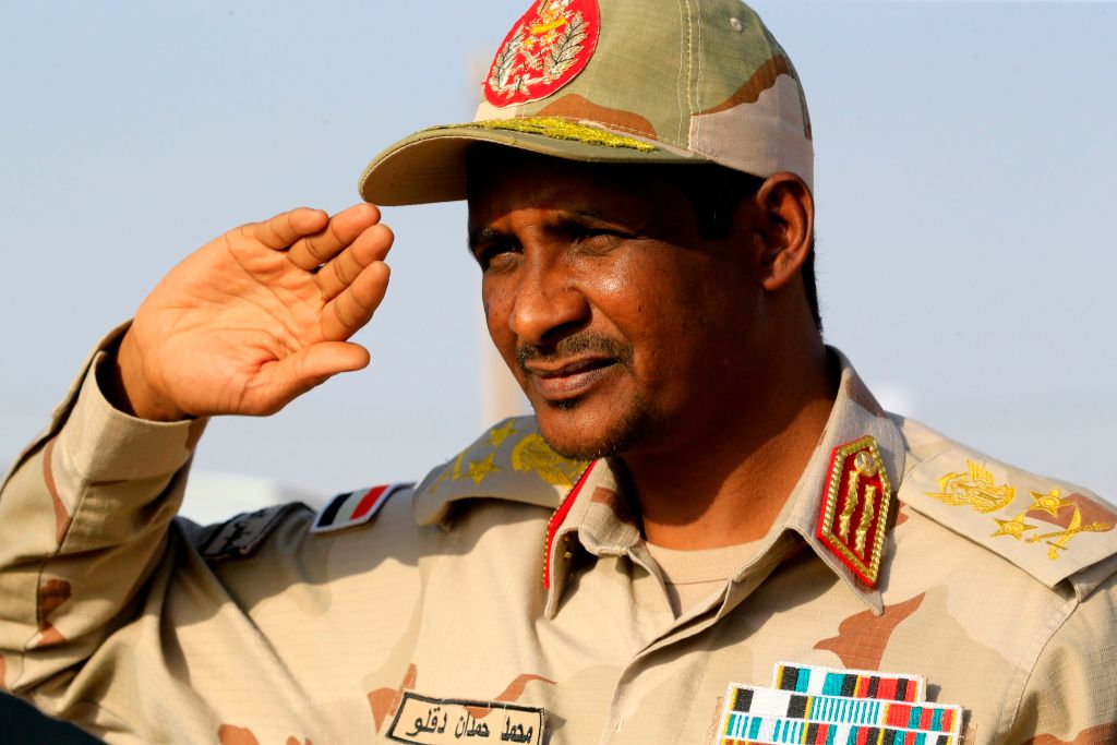 Hemeti gives a military salute in the village of Qarri, about 90km north of Khartoum, on 15 June 2019