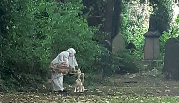 Woman with dog skeleton