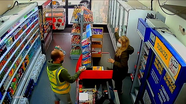 After quickly putting the £10 in his pocket, the man then tells Ms Safizadeh that she only gave him £8.40 in change, instead of the £18.40 he had been given after buying a bottle of water and chocolate biscuit for £1.60