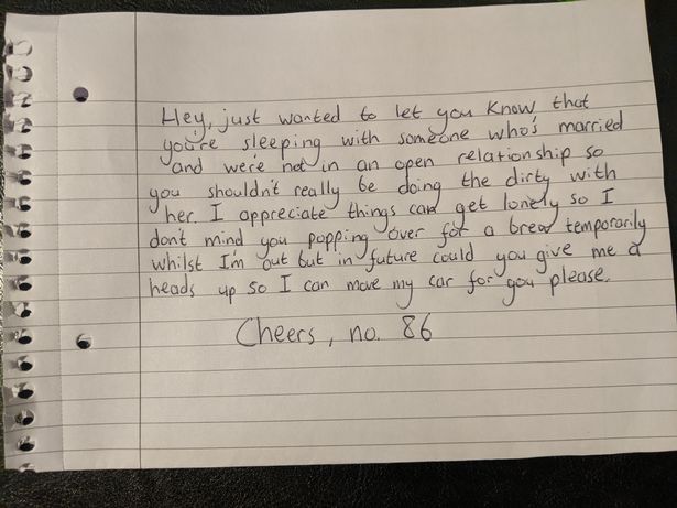 A husband wrote a  passive-aggressive note to the bloke he caught sleeping with his wife