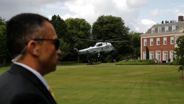 A Marine One helicopter lands near Winfield House during U.S. President Donald Trump"s state visit to Britain