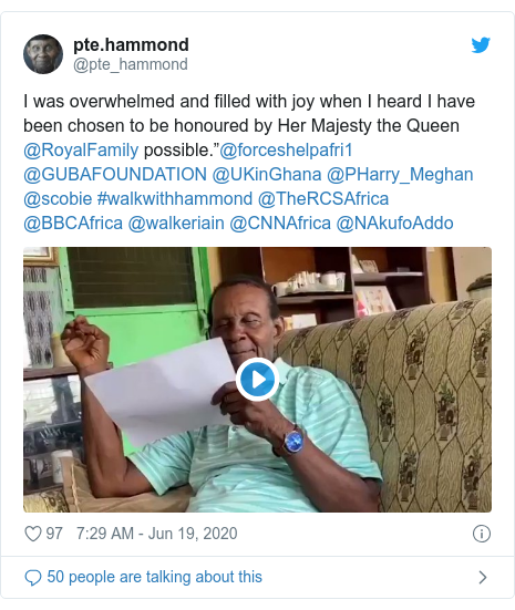 Twitter post by @pte_hammond: I was overwhelmed and filled with joy when I heard I have been chosen to be honoured by Her Majesty the Queen @RoyalFamily possible.”@forceshelpafri1 @GUBAFOUNDATION @UKinGhana @PHarry_Meghan @scobie #walkwithhammond @TheRCSAfrica @BBCAfrica @walkeriain @CNNAfrica @NAkufoAddo 