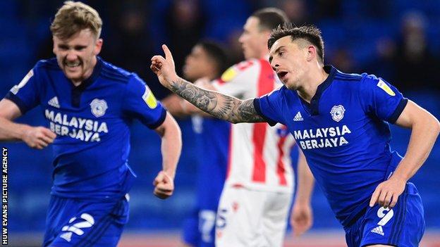 Cardiff striker Jordan Hugill celebrates his goal against Stoke