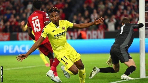 Samuel Chukwueze celebrates scoring against Bayern Munich in the Champions League