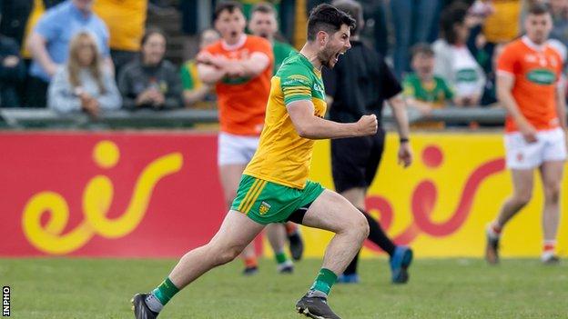 Ryan McHugh celebrates after his Kilcar club-mate Paddy McBrearty scored Donegal's goal against Armagh