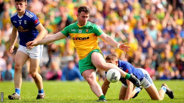 Paddy McBrearty hammers in Donegal's second goal at St Tiernach's Park