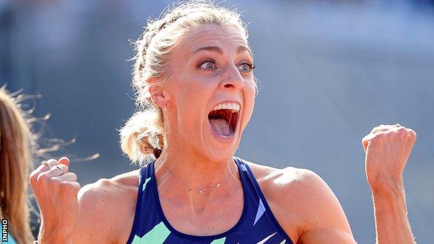 Alex Bell celebrates after her 800m win at last year's Belfast Irish Milers Meet