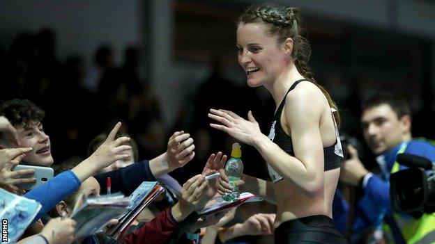 Ciara Mageean gets surrounded by autograph hunters after winning at the Athlone International Indoor Grand Prix in 2020