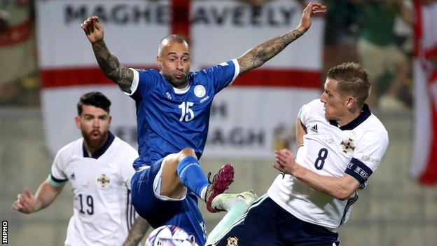 Northern Ireland's Steven Davis battles with Cyprus' Fotios Papoulis in Sunday's game in Larnaca