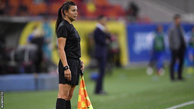 Referee Maryna Striletska in action during the FIFA World Cup qualifying round game between Romania and Liechtenstein,