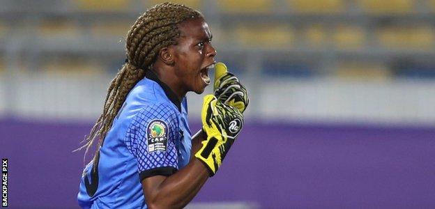 Zambia goalkeeper Hazel Nali celebrates after their penalty shoot-out win against Senegal at Wafcon