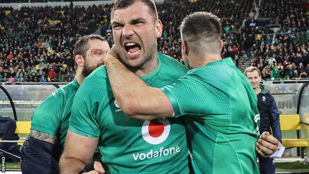 Tadhg Beirne celebrates after Ireland's series-clinching win in Wellington