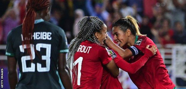 Morocco players celebrate against Nigeria at the Women's Africa Cup of Nations