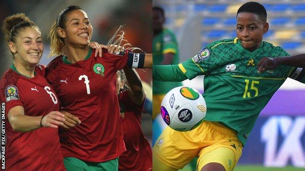 Morocco captain Ghizlane Chebbak celebrates a goal while Refiloe Jane controls the ball