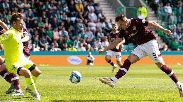 Lawrence Shankland pokes the ball past David Marshall for what proved to be the winning goal