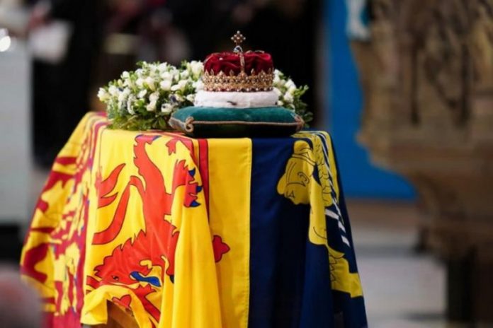 The Queen’s coffin as it lies in rest in St Giles’s Cathedral, Edinburgh (AP)