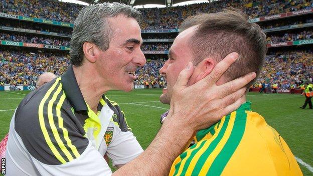 Jim McGuinness embraces Karl Lacey after Donegal's 2014 All-Ireland semi-final win over Dublin