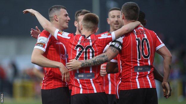 Derry City celebrate their opening goal at the Brandywell