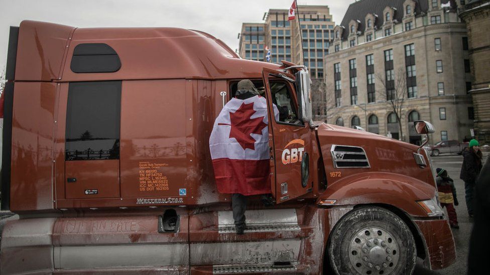 Truckers continue their rally against Covid-19 measures and as they parked in front of parliament and blocked the streets